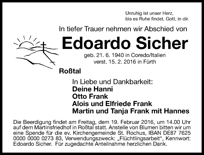  Traueranzeige für Edoardo Sicher vom 17.02.2016 aus Gesamtausgabe Nürnberger Nachrichten/ Nürnberger Ztg.