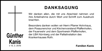 Traueranzeige von Günther Kanis von Roth-Hilpoltsteiner Volkszeitung Lokal