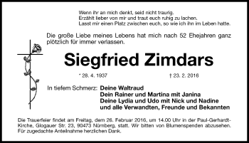 Traueranzeige von Siegfried Zimdars von Gesamtausgabe Nürnberger Nachrichten/ Nürnberger Ztg.