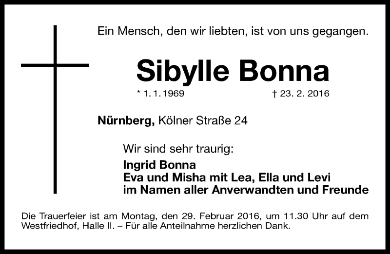  Traueranzeige für Sibylle Bonna vom 26.02.2016 aus Gesamtausgabe Nürnberger Nachrichten/ Nürnberger Ztg.