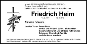 Traueranzeige von Friedrich Heim von Gesamtausgabe Nürnberger Nachrichten/ Nürnberger Ztg.