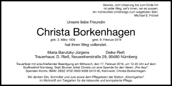 Traueranzeige von Christa Borkenhagen von Gesamtausgabe Nürnberger Nachrichten/ Nürnberger Ztg.