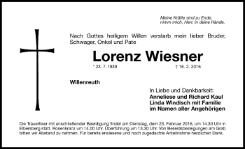 Traueranzeige von Lorenz Wiesner von Nordbayerische Nachrichten Pegnitz Lokal
