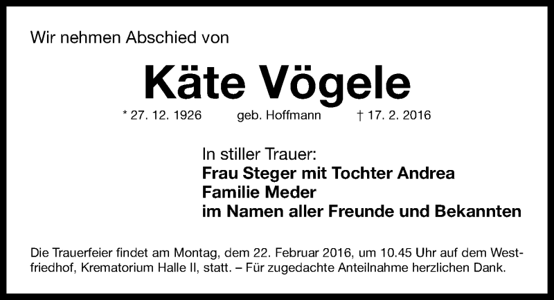  Traueranzeige für Käte Vögele vom 20.02.2016 aus Gesamtausgabe Nürnberger Nachrichten/ Nürnberger Ztg.