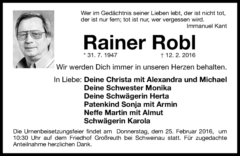  Traueranzeige für Rainer Robl vom 23.02.2016 aus Gesamtausgabe Nürnberger Nachrichten/ Nürnberger Ztg.