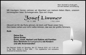 Traueranzeige von Josef Limmer von Roth-Hilpoltsteiner Volkszeitung Lokal