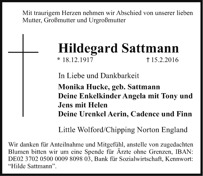  Traueranzeige für Hildegard Sattmann vom 18.02.2016 aus Gesamtausgabe Nürnberger Nachrichten/ Nürnberger Ztg.