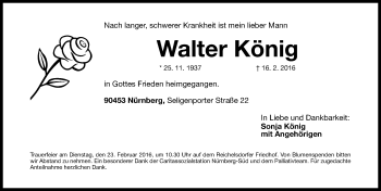 Traueranzeige von Walter König von Gesamtausgabe Nürnberger Nachrichten/ Nürnberger Ztg.