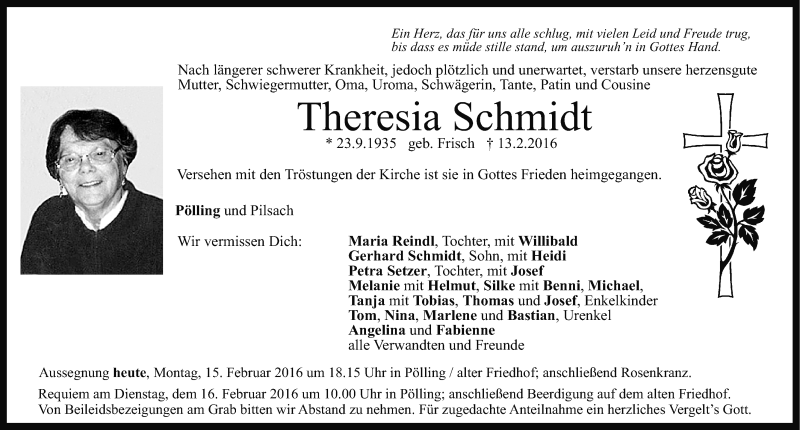  Traueranzeige für Theresia Schmidt vom 15.02.2016 aus Neumarkter Nachrichten Lokal