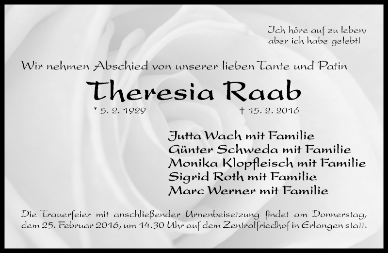  Traueranzeige für Theresia Raab vom 20.02.2016 aus Erlanger Nachrichten Lokal