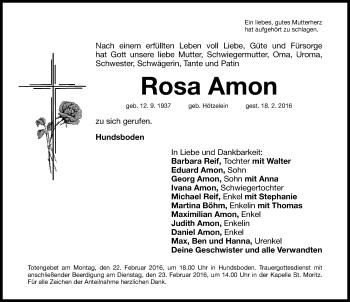 Traueranzeige von Rosa Amon von Nordbayerische Nachrichten Forchheim Lokal