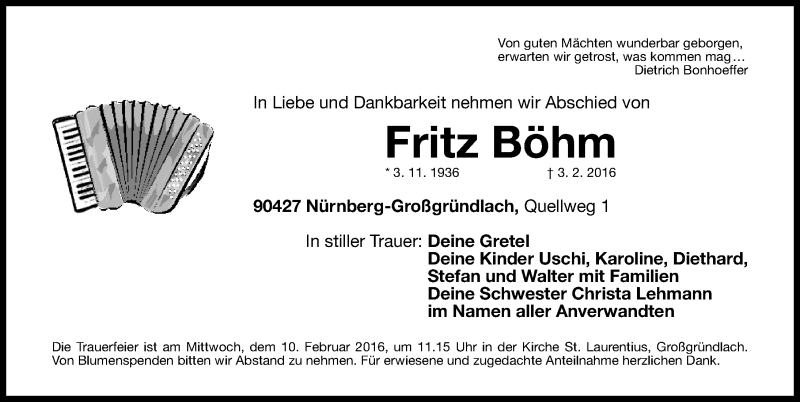  Traueranzeige für Fritz Böhm vom 06.02.2016 aus Gesamtausgabe Nürnberger Nachrichten/ Nürnberger Ztg.