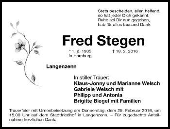 Traueranzeige von Fred Stegen von Fürther Nachrichten Lokal