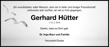 Traueranzeige von Gerhard Hütter von Gesamtausgabe Nürnberger Nachrichten/ Nürnberger Ztg.
