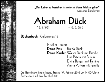 Traueranzeige von Abraham Dück von Roth-Hilpoltsteiner Volkszeitung Lokal