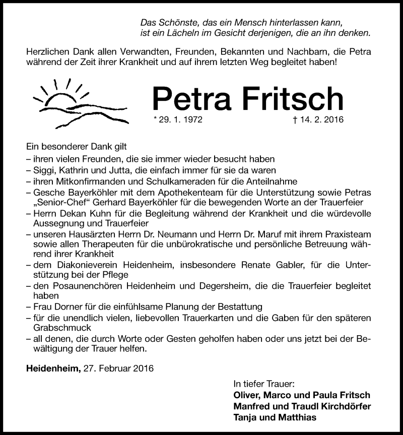  Traueranzeige für Petra Fritsch vom 27.02.2016 aus Altmühl-Bote Lokal