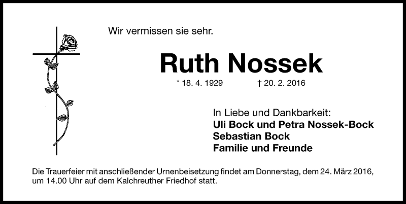  Traueranzeige für Ruth Nossek vom 24.02.2016 aus Gesamtausgabe Nürnberger Nachrichten/ Nürnberger Ztg.