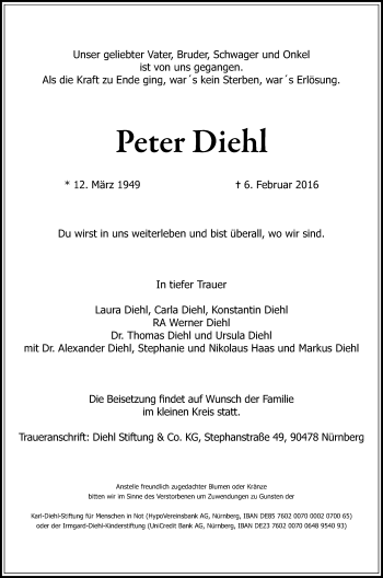Traueranzeige von Peter Diehl von Gesamtausgabe Nürnberger Nachrichten/ Nürnberger Ztg.