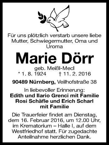 Traueranzeige von Marie Dörr von Gesamtausgabe Nürnberger Nachrichten/ Nürnberger Ztg.