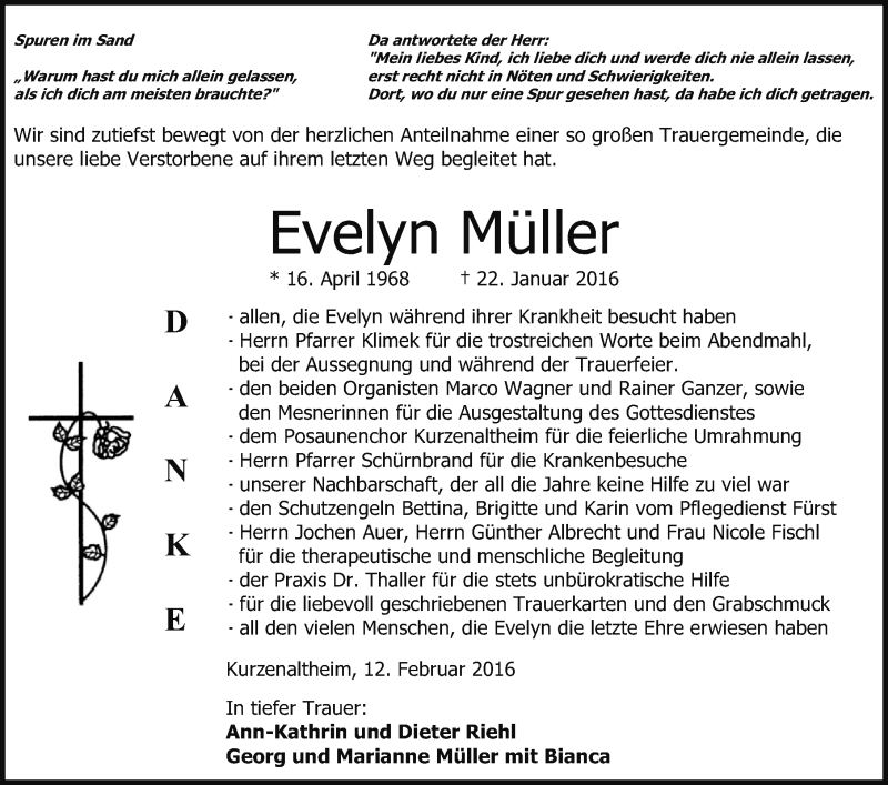  Traueranzeige für Evelyn Müller vom 12.02.2016 aus Altmühl-Bote Lokal