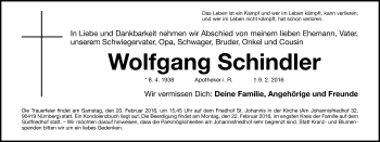 Traueranzeige von Wolfgang Schindler von Gesamtausgabe Nürnberger Nachrichten/ Nürnberger Ztg.