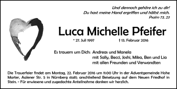 Traueranzeige von Luca Michelle Pfeifer von Gesamtausgabe Nürnberger Nachrichten/ Nürnberger Ztg.