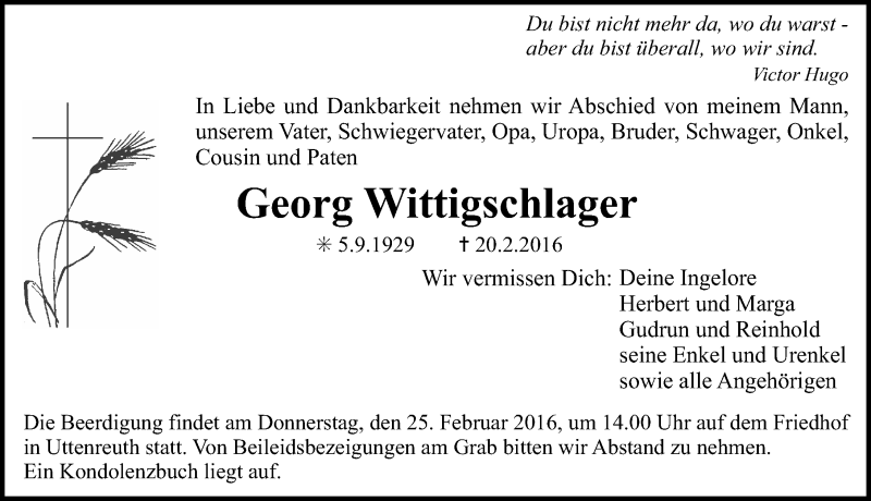  Traueranzeige für Georg Wittigschlager vom 23.02.2016 aus Erlanger Nachrichten Lokal