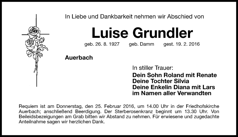  Traueranzeige für Luise Grundier vom 22.02.2016 aus Nordbayerische Nachrichten Pegnitz Lokal