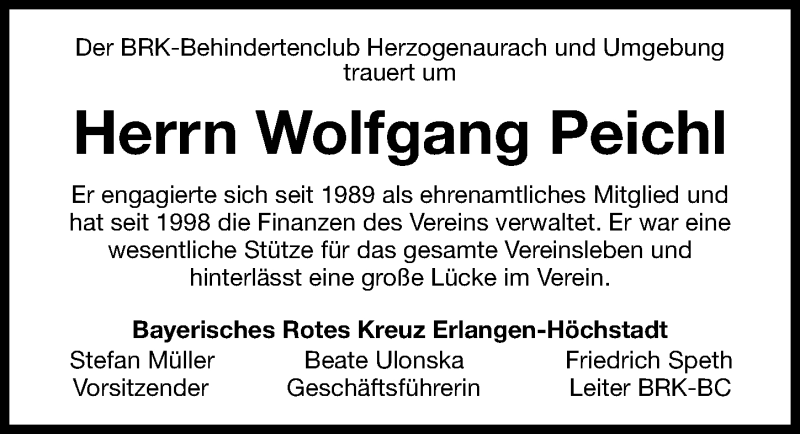  Traueranzeige für Wolfgang Peichl vom 19.02.2016 aus Nordbayerische Nachrichten Herzogenaurach Lokal