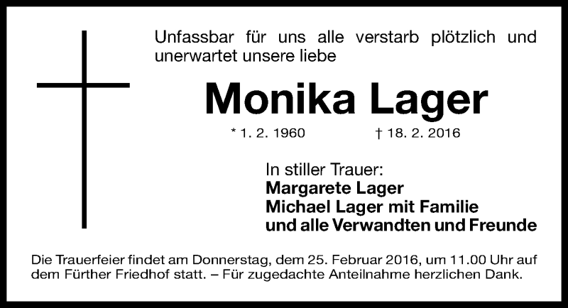  Traueranzeige für Monika Lager vom 22.02.2016 aus Fürther Nachrichten Lokal