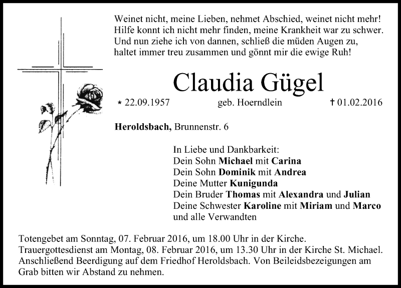  Traueranzeige für Claudia Gügel vom 06.02.2016 aus Nordbayerische Nachrichten Forchheim Lokal