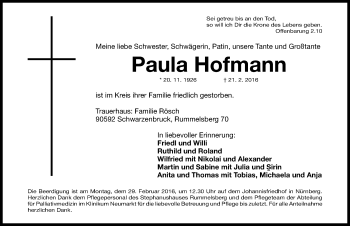 Traueranzeige von Paula Hofmann von Gesamtausgabe Nürnberger Nachrichten/ Nürnberger Ztg.