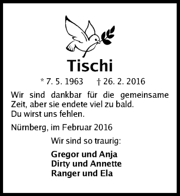 Traueranzeige von Tischi  von Gesamtausgabe Nürnberger Nachrichten/ Nürnberger Ztg.