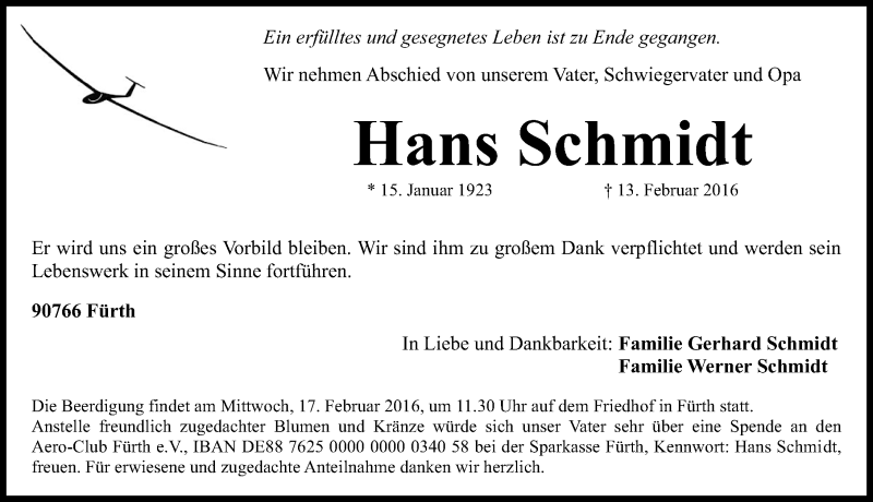  Traueranzeige für Hans Schmidt vom 15.02.2016 aus Fürther Nachrichten Lokal