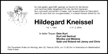 Traueranzeige von Hildegard Kneissel von Gesamtausgabe Nürnberger Nachrichten/ Nürnberger Ztg.