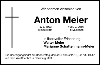 Traueranzeige von Anton Meier von Gesamtausgabe Nürnberger Nachrichten/ Nürnberger Ztg.