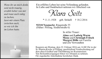 Traueranzeige von Klara Seitz von Neumarkter Nachrichten Lokal