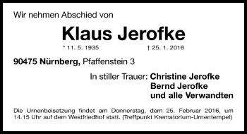 Traueranzeige von Klaus Jerofke von Gesamtausgabe Nürnberger Nachrichten/ Nürnberger Ztg.