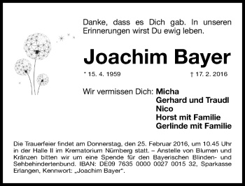Traueranzeige von Joachim Bayer von Gesamtausgabe Nürnberger Nachrichten/ Nürnberger Ztg.