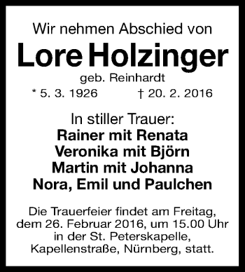 Traueranzeige von Lore Holzinger von Gesamtausgabe Nürnberger Nachrichten/ Nürnberger Ztg.