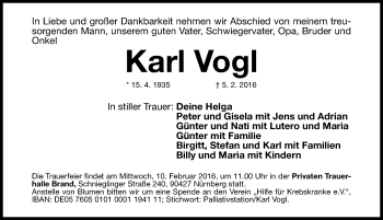 Traueranzeige von Karl Vogl von Gesamtausgabe Nürnberger Nachrichten/ Nürnberger Ztg.