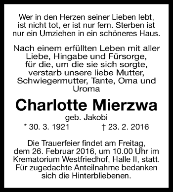 Traueranzeige von Charlotte Mierzwa von Gesamtausgabe Nürnberger Nachrichten/ Nürnberger Ztg.