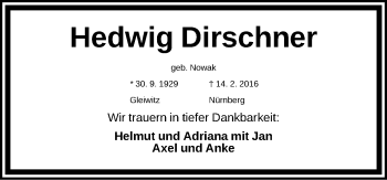 Traueranzeige von Hedwig Dirschner von Gesamtausgabe Nürnberger Nachrichten/ Nürnberger Ztg.