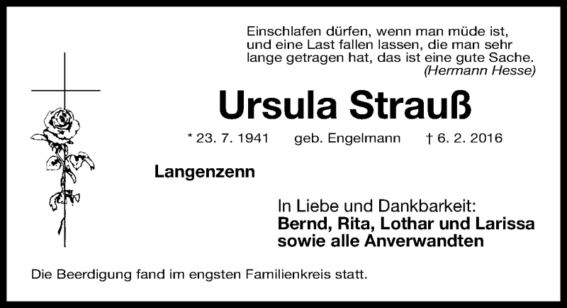  Traueranzeige für Ursula Strauß vom 12.02.2016 aus Fürther Nachrichten Lokal