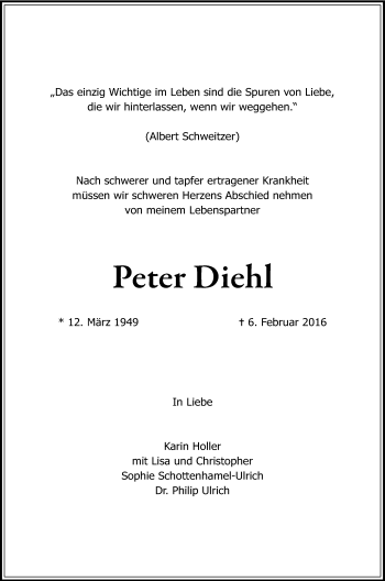 Traueranzeige von Peter Diehl von Gesamtausgabe Nürnberger Nachrichten/ Nürnberger Ztg.