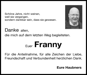 Traueranzeige von Franz Haubner von Gesamtausgabe Nürnberger Nachrichten/ Nürnberger Ztg.