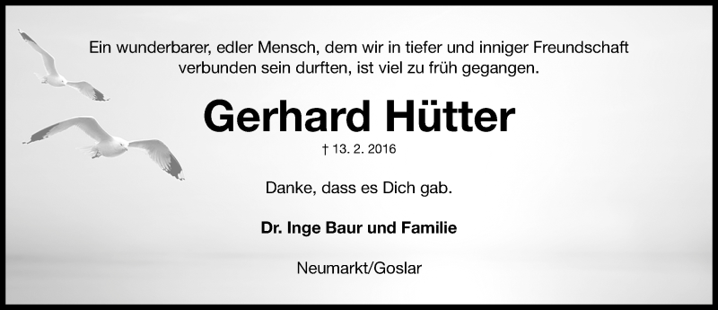  Traueranzeige für Gerhard Hütter vom 19.02.2016 aus Gesamtausgabe Nürnberger Nachrichten/ Nürnberger Ztg.