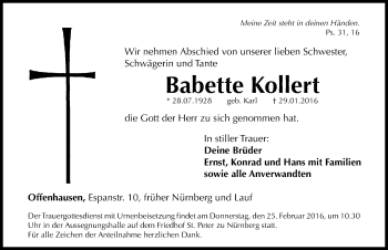 Traueranzeige von Babette Kollert von Gesamtausgabe Nürnberger Nachrichten/ Nürnberger Ztg.