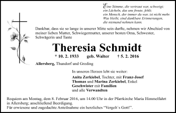 Traueranzeige von Theresia Schmidt von Roth-Hilpoltsteiner Volkszeitung Lokal