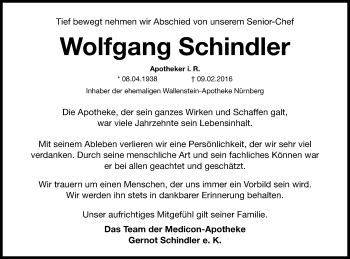 Traueranzeige von Wolfgang Schindler von Gesamtausgabe Nürnberger Nachrichten/ Nürnberger Ztg.
